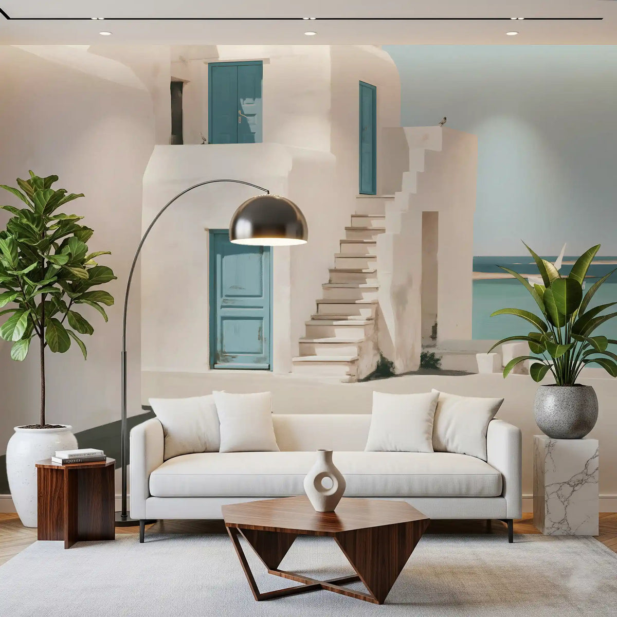 Mediterranean sea breeze mural behind a white sofa with an arc floor lamp and plants GD12960