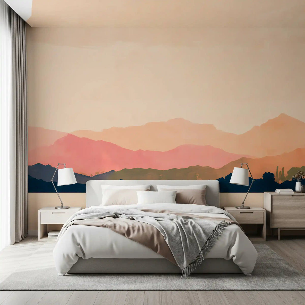 Sunset mountain peaks wall mural behind a grey upholstered bed with wood nightstands GD12961