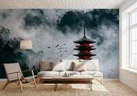 Misty Red Pagoda Mountain Sanctuary Wall Mural