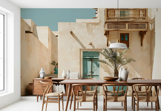 Courtyard oasis wall mural in a dining room with wishbone chairs GD12969