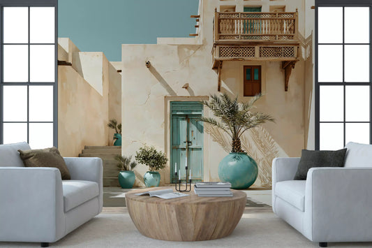 Middle Eastern courtyard oasis mural behind pale blue armchairs GD12969