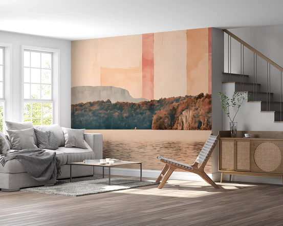 Abstract horizon lake mural behind a grey sofa beside a staircase GD12970