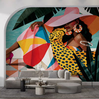 Colourful summer illustration mural above a grey sofa in an arched nook GD12971