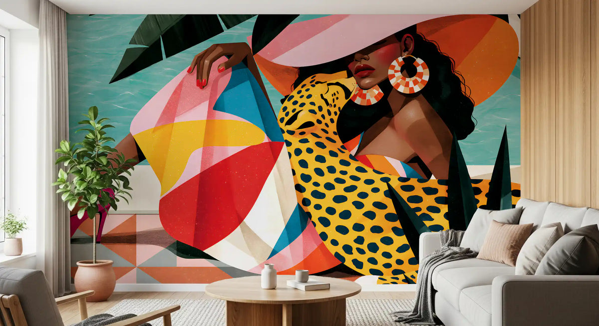 Chic summer illustration wall mural behind a grey sofa and potted plant GD12971