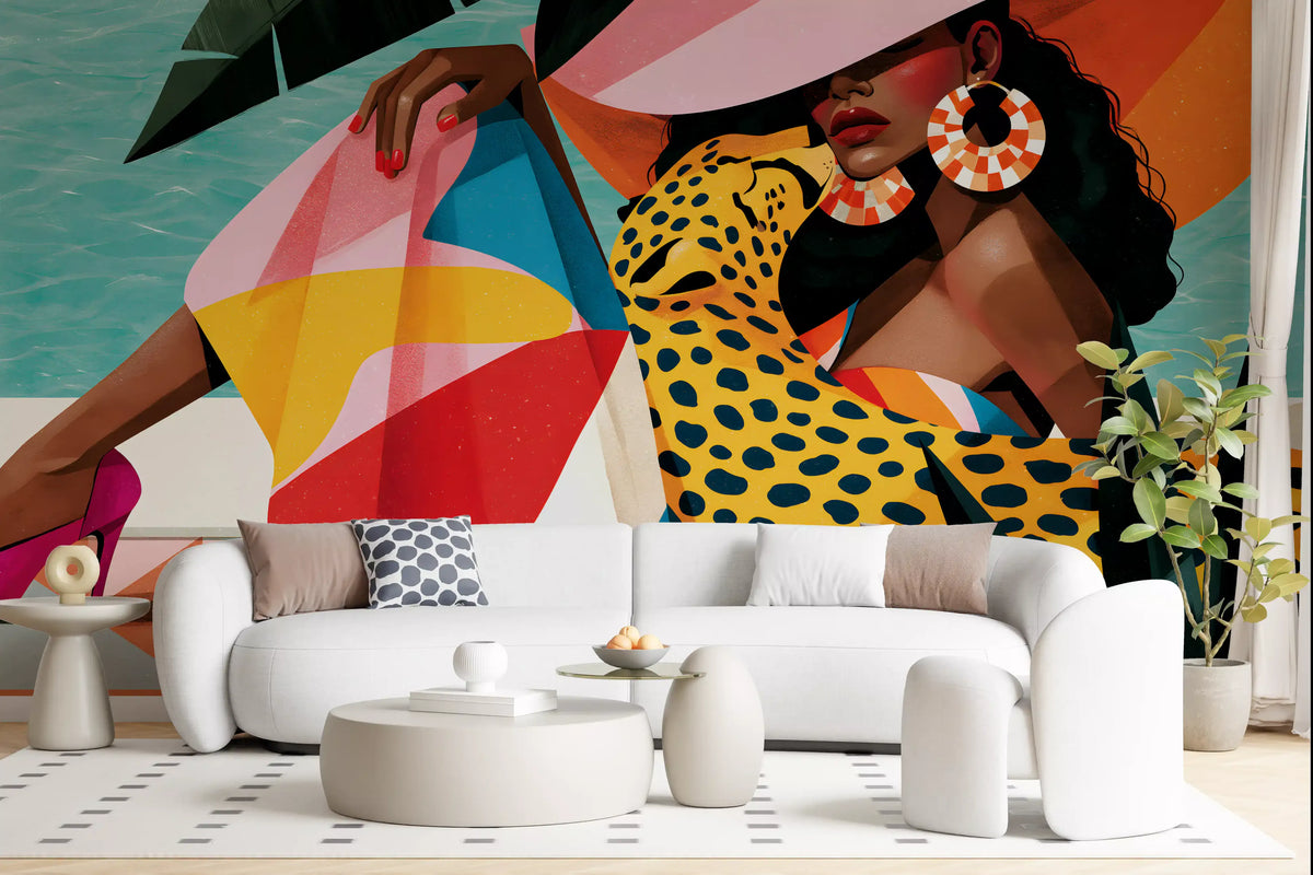 Chic summer illustration wall mural behind a white curved sofa GD12971