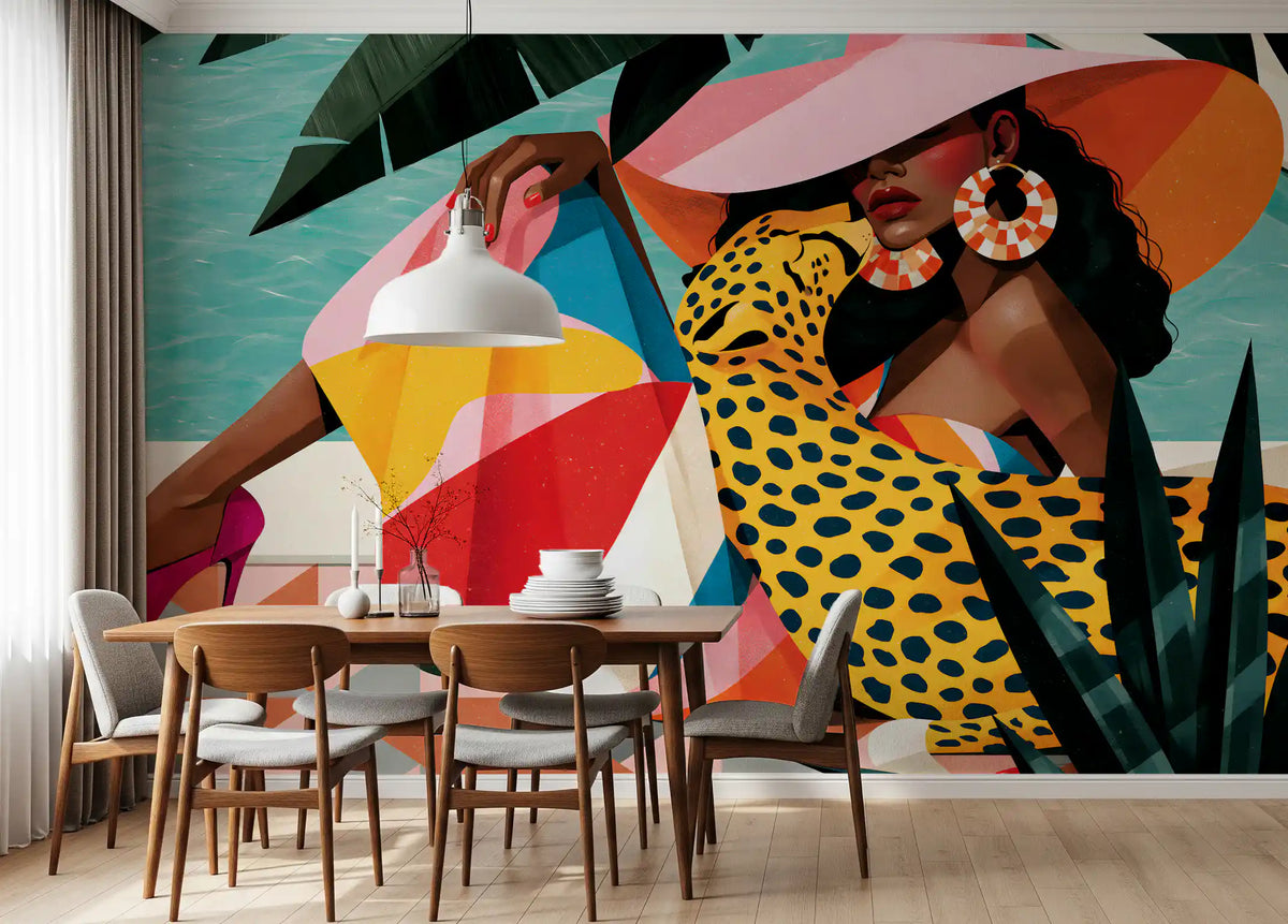Pop art summer mural in a dining room with a wood table GD12971