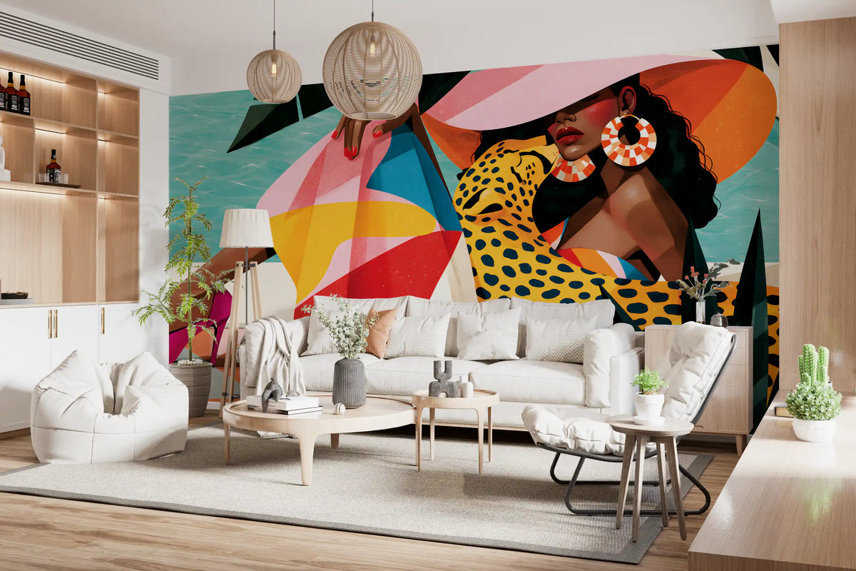 Pop art summer mural above a white sofa and coffee table GD12971