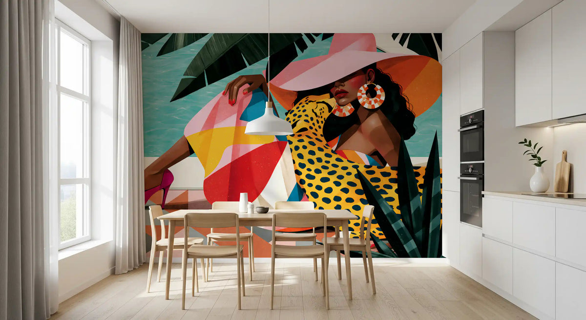 Colourful summer illustration mural in a dining nook by the kitchen GD12971