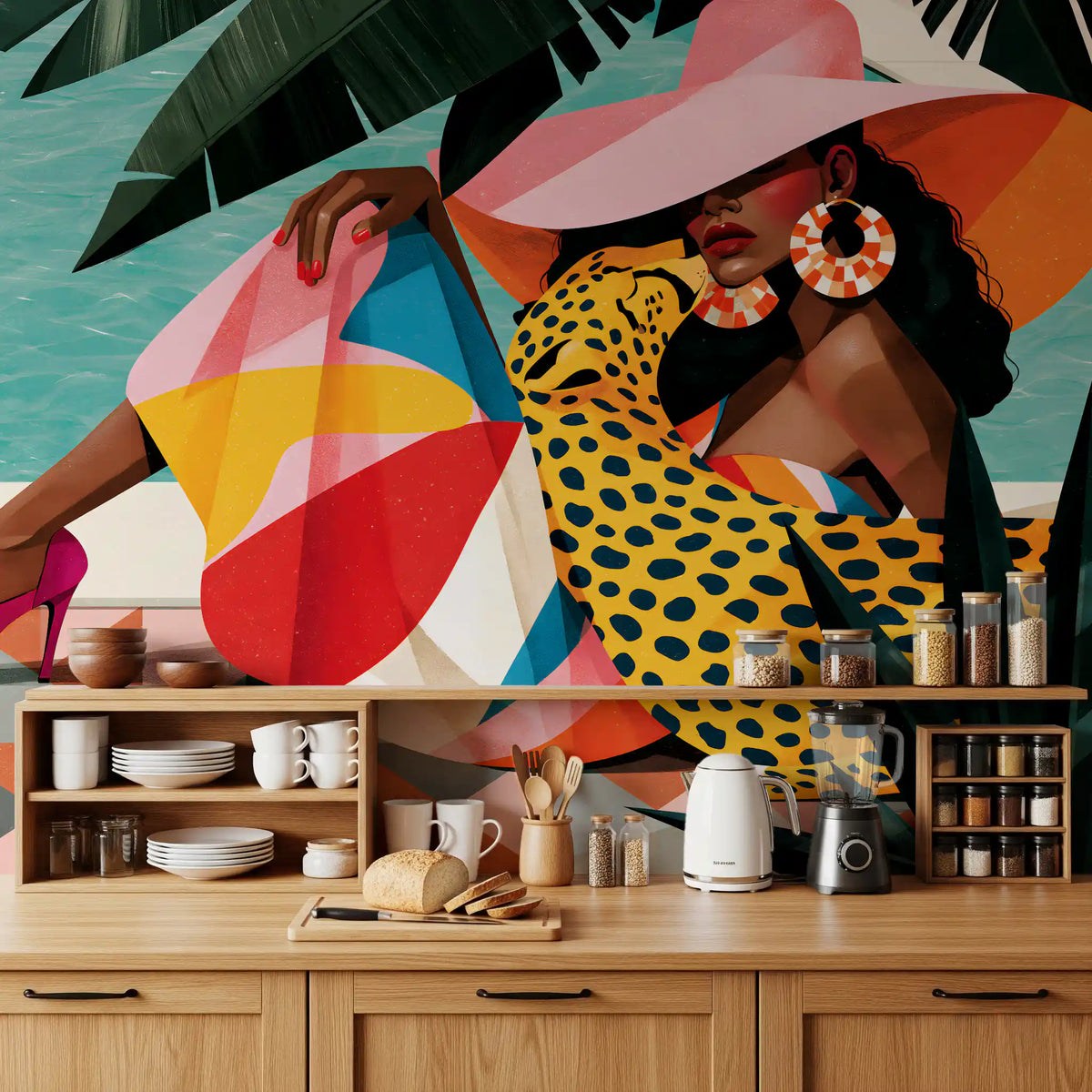 Pop art summer mural above a wooden kitchen sideboard GD12971