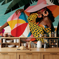 Pop art summer mural above a wooden kitchen sideboard GD12971