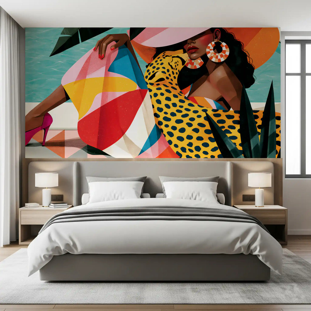 Chic summer leisure illustration mural behind a wood headboard bed GD12971