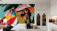 Chic summer illustration wall mural in a kitchen with a marble counter GD12971