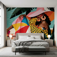 Chic summer leisure illustration mural behind a grey bed GD12971