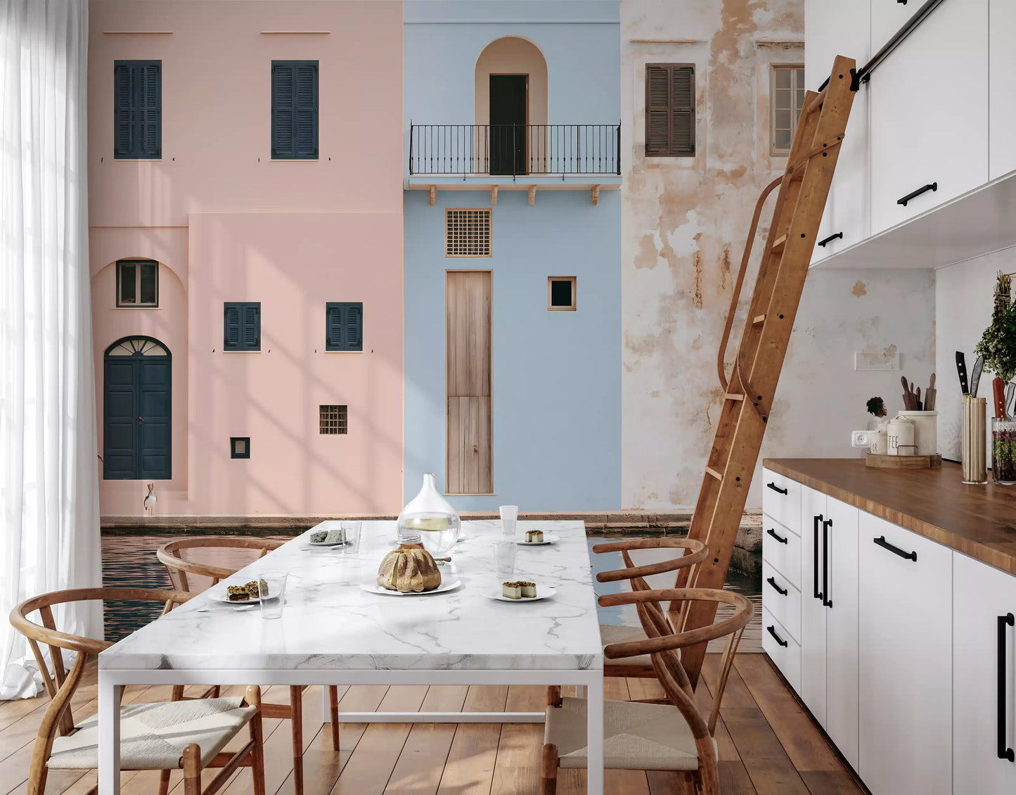 Mediterranean Harbor Pastel Facades Wall Mural