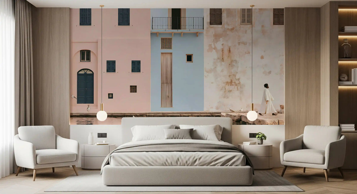 Mediterranean harbor wall mural behind an upholstered bed and armchairs GD12972
