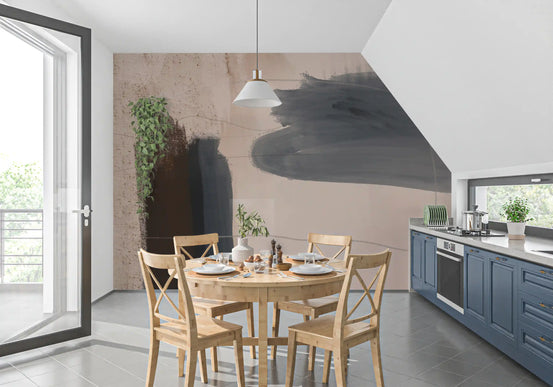 Blue-grey abstract brushstroke mural in a dining area with a round wood table GD12975
