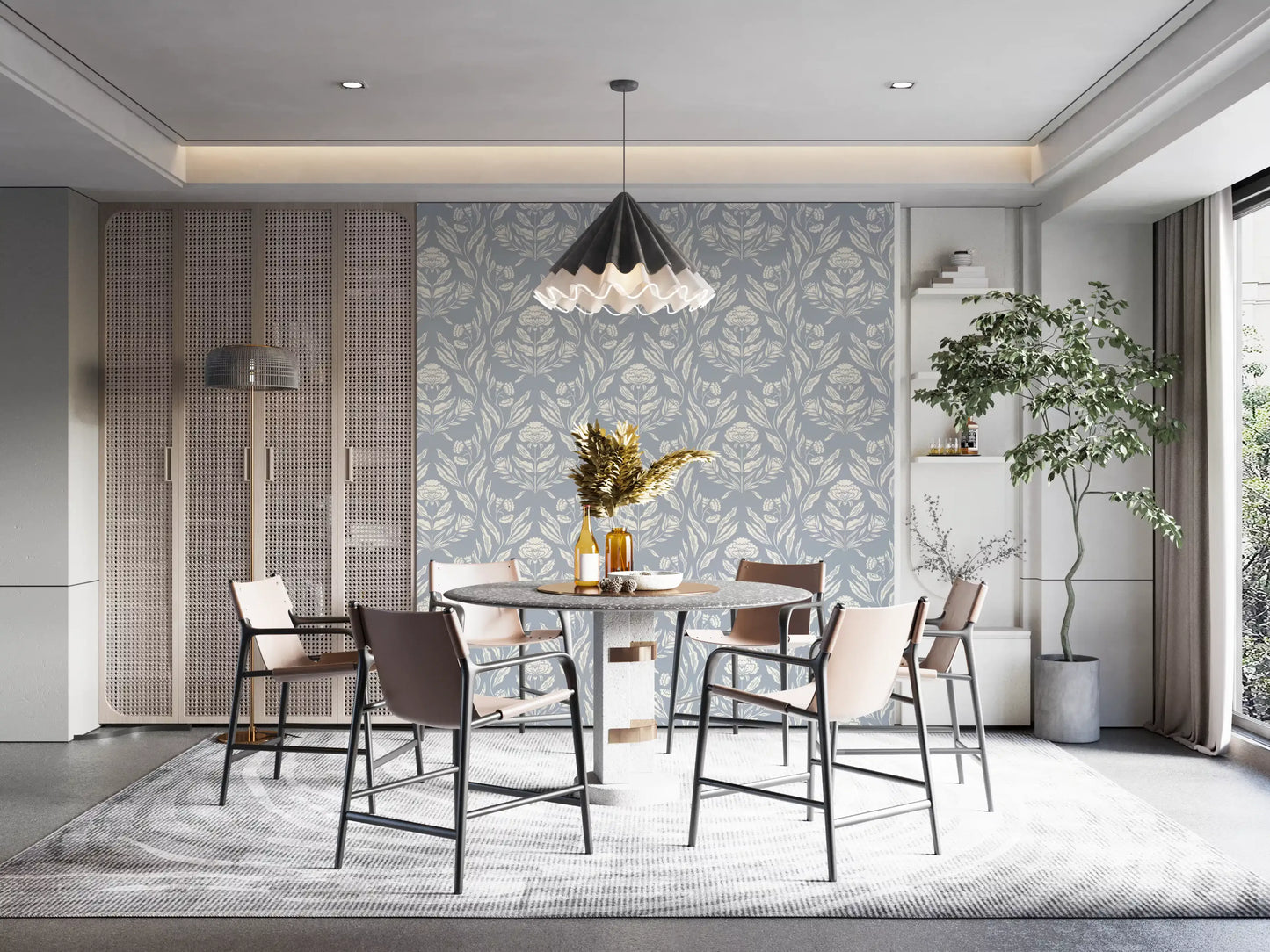 Block Print Damask Floral Wallpaper⁠