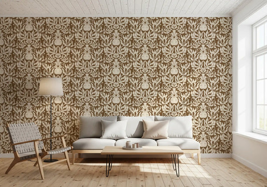 Rustic autumn harvest linocut wallpaper behind a white sofa in a sunny living room GD12977