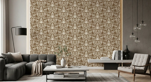 Autumn harvest linocut wallpaper above a dark grey sofa and light armchair GD12977