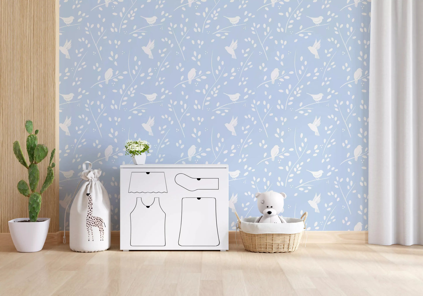 Soft Pastel Blue Woodland Birds Wallpaper⁠