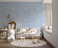 Soft Pastel Blue Woodland Birds Wallpaper⁠