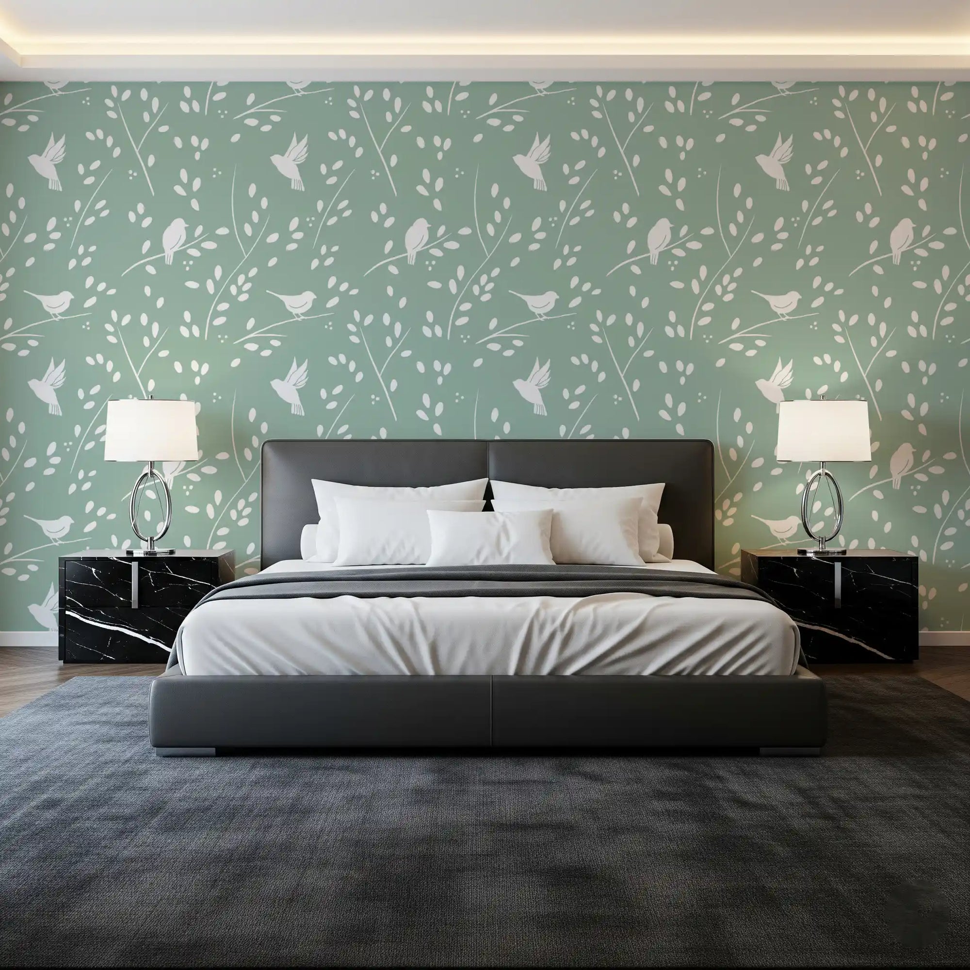 Lush green winter forest birds wallpaper behind a black upholstered bed with twin lamps GD12981