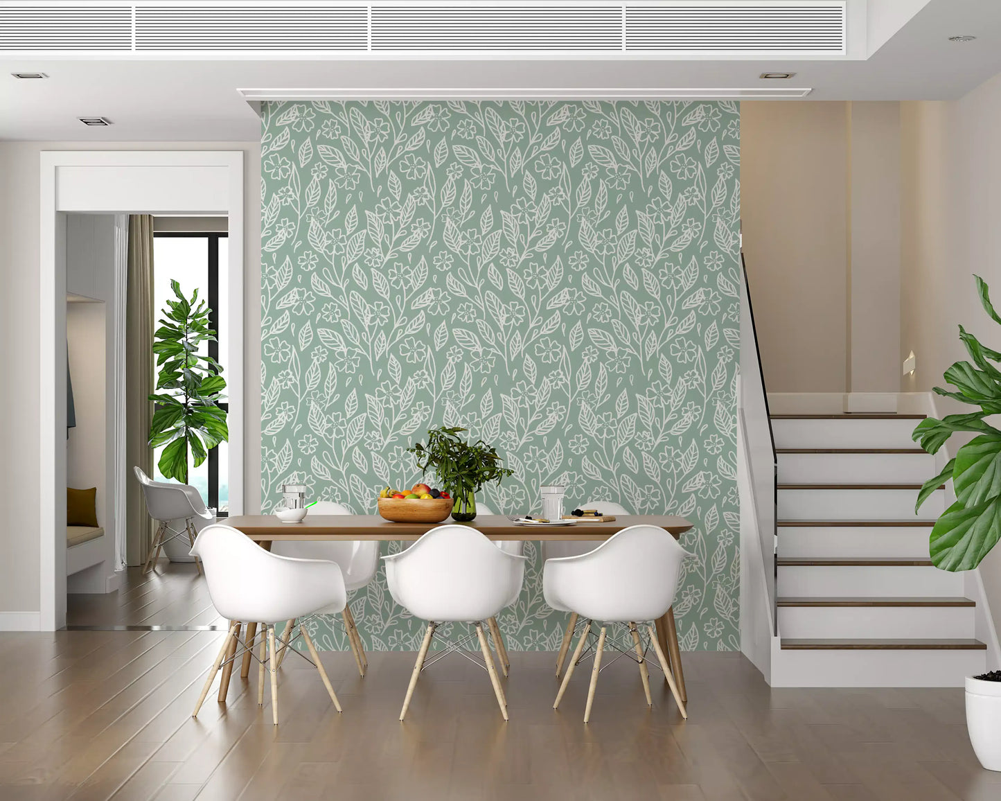 Sage Green Hand-Drawn Floral Line Art Wallpaper⁠