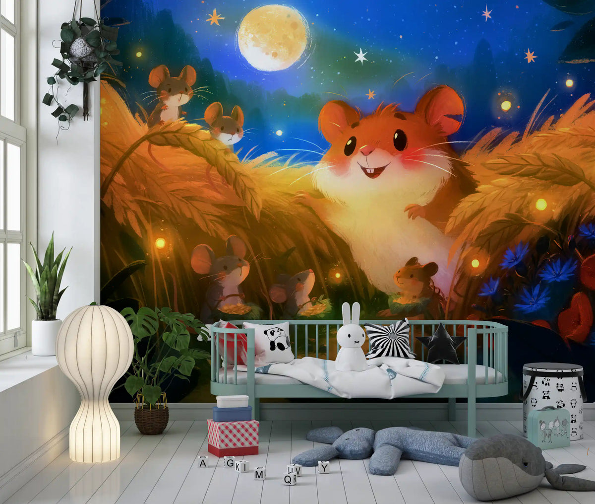 Woodland wallpaper hamster mural behind a white nursery crib with bunny plush GD12984