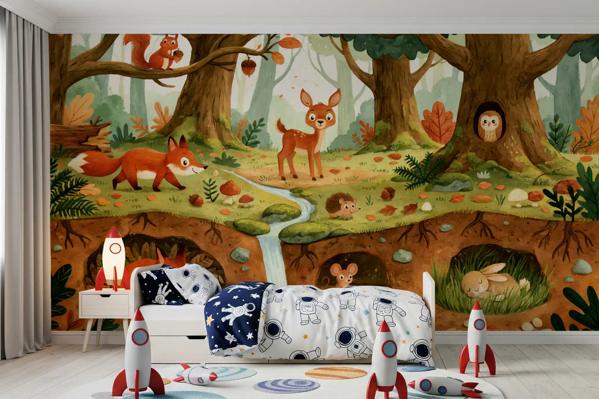 Woodland wallpaper forest mural behind a kids bed with navy rocket space bedding GD12986