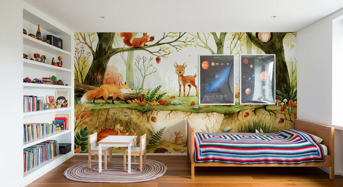 Woodland wallpaper forest mural in a kids study nook with bookshelf and striped throw GD12987