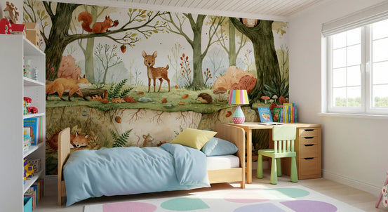 Woodland wallpaper forest mural behind a kids blue bed with a desk and green chair GD12988