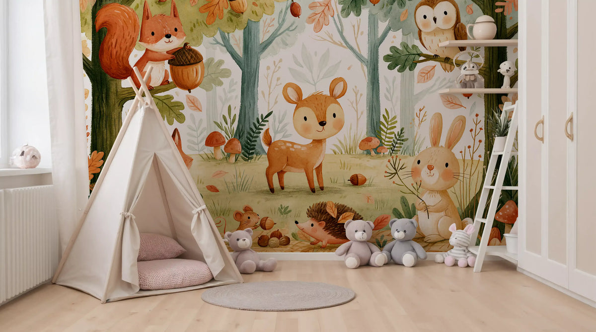 Woodland wallpaper forest friends mural behind a white teepee and teddy bears GD12989