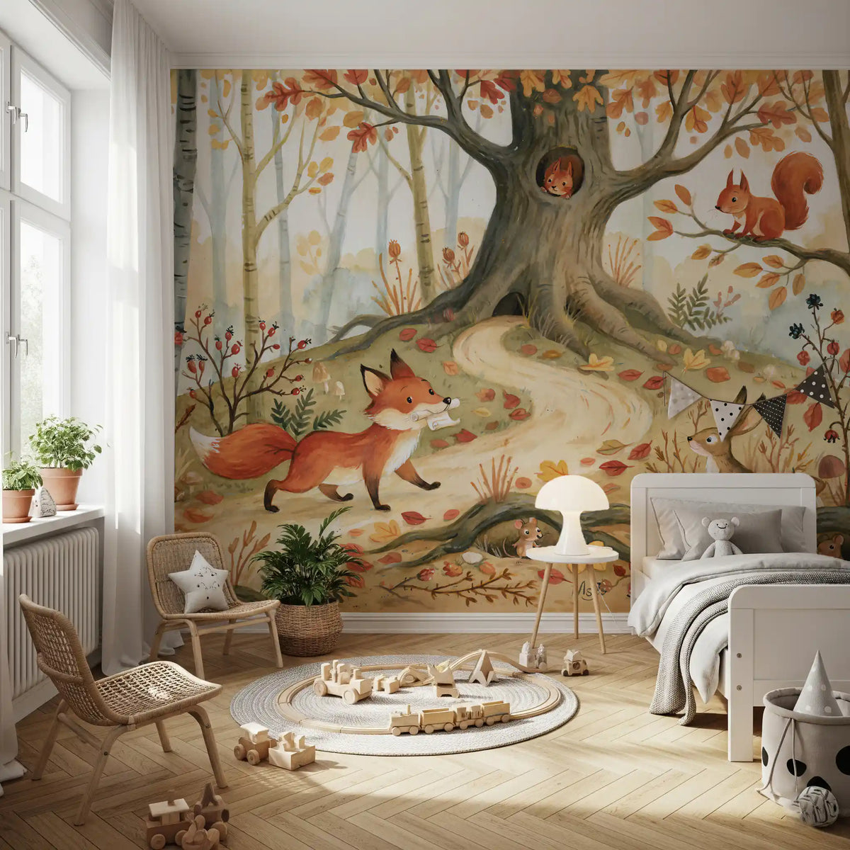 Forest wallpaper mural behind a wooden kids crib with toys and a rattan chair GD12992