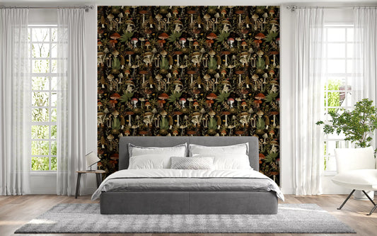 Midnight Forest Mushroom Botanical Wallpaper⁠
