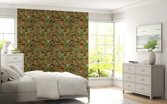 Sage mushroom pattern in a bedroom with a white bed and dresser GD12994