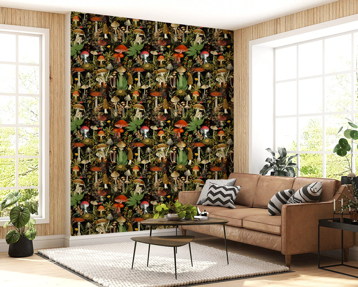 Mushroom wallpaper in a living room behind a tan leather sofa GD12995