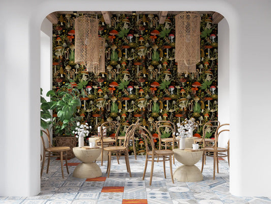 Dark woodland mushroom pattern in a cafe with rattan pendants and chairs GD12995