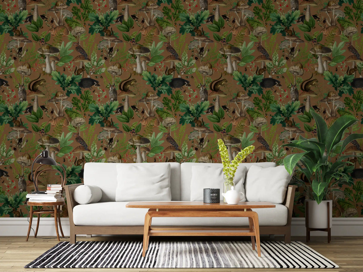 Brown woodland wallpaper behind a white sofa and wood table in a living room (GD13001)