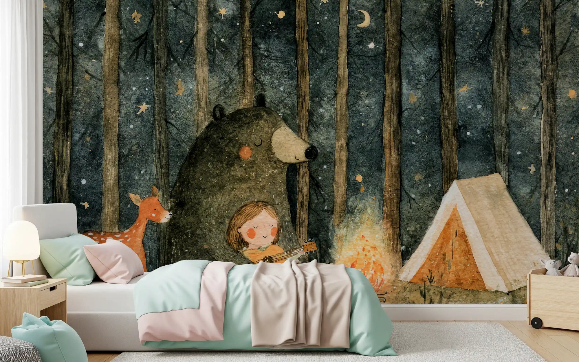 Midnight Forest Campfire Friends Wall Mural
