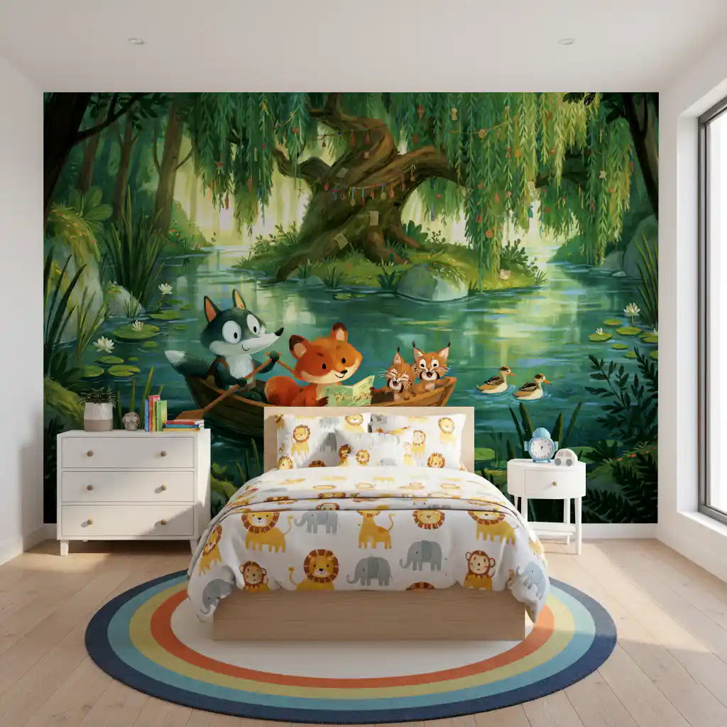 Fox wallpaper river boat mural behind a kids bed with rainbow rug GD13007