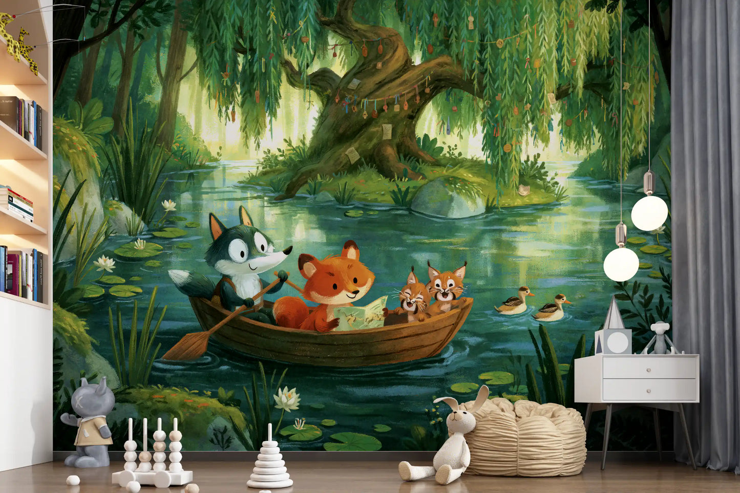 Woodland River Boat Adventure Wall Mural