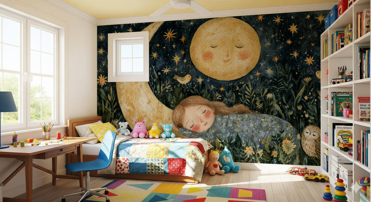 Woodland wallpaper mural of the sleeping moon girl in a bright playroom with a patchwork bed GD13008