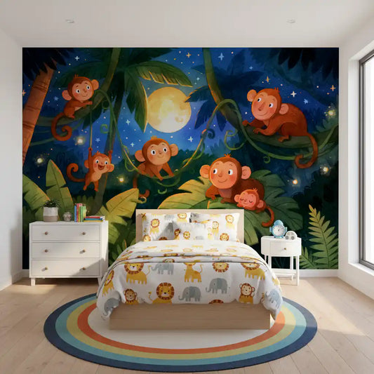 Kids bedroom with a rainbow rug and the jungle monkey night mural on the wall GD13009