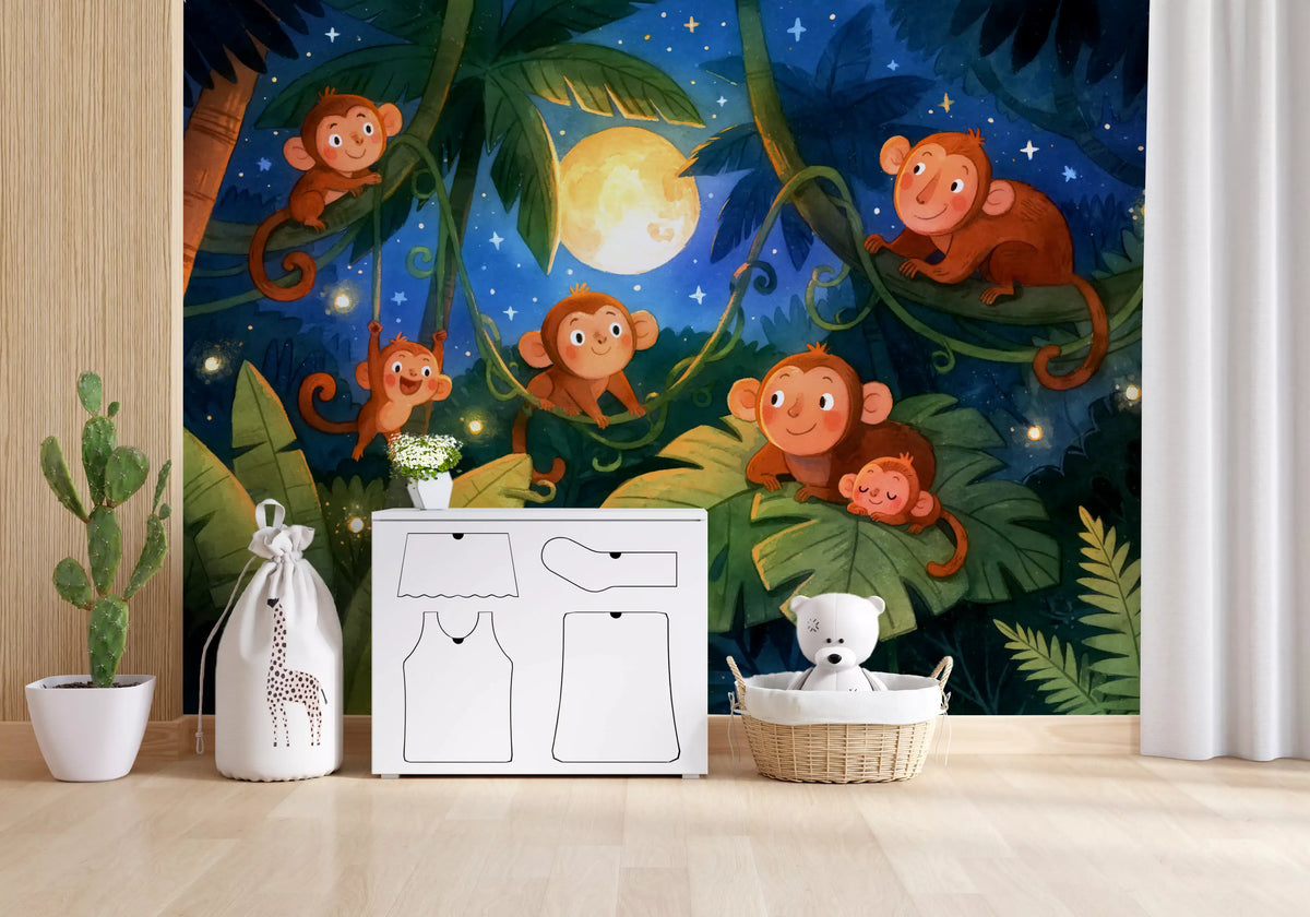 Monkey wallpaper jungle mural in a nursery with a giraffe toy and white dresser GD13009