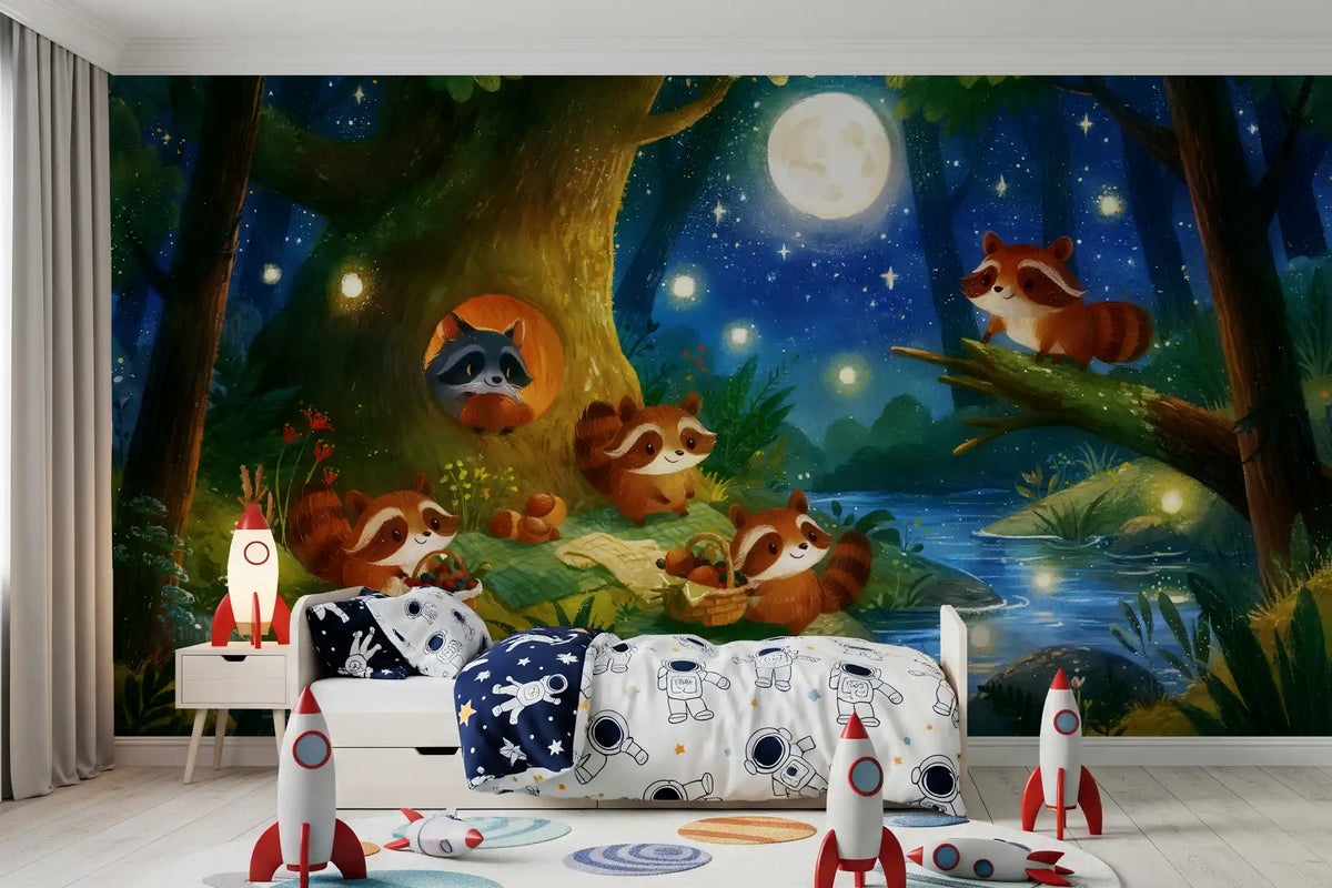 Woodland moonlit raccoon mural in a boys space-themed bedroom with rockets GD13014