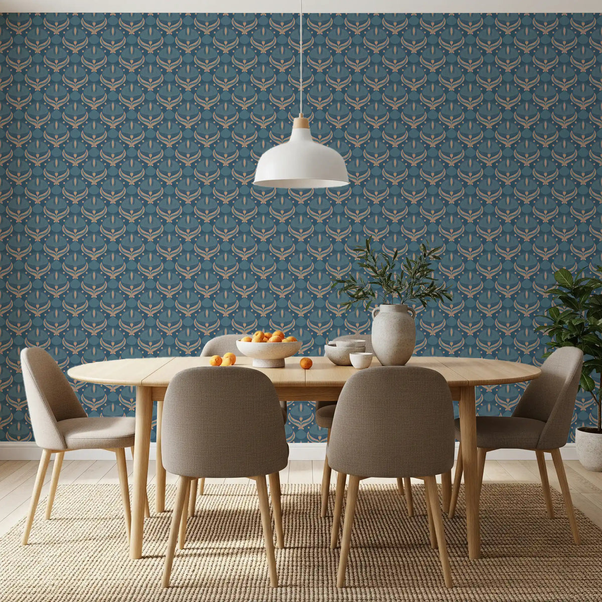 Midnight blue geometric wallpaper behind a wood dining table and chairs GD13021