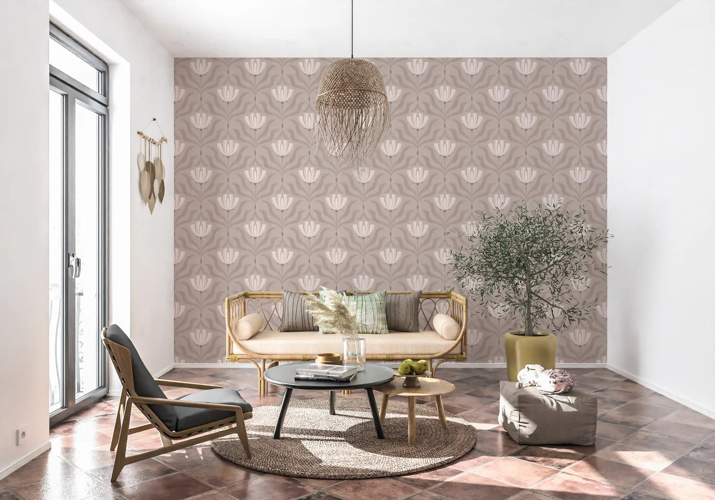 Minimalist Botanical Blossom Taupe Wallpaper⁠
