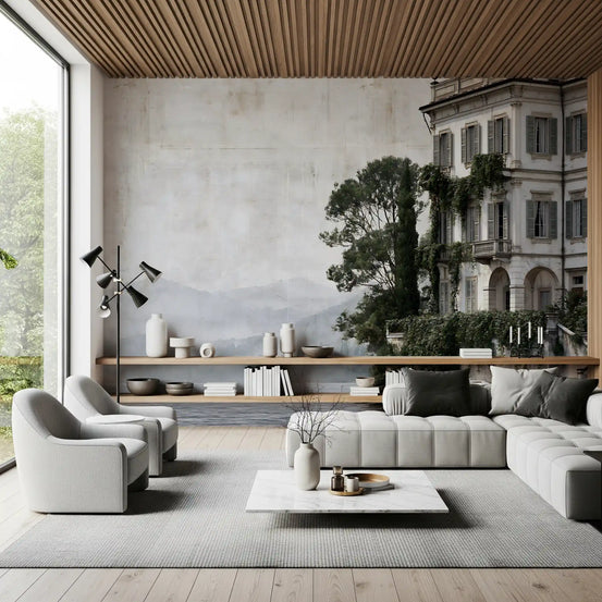 Italian villa wall mural behind a white sectional sofa in a living room GD13025