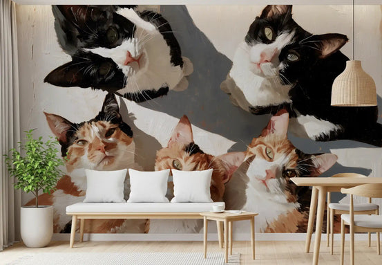 Cat wallpaper of five painted cats behind a white sofa in a bright living room GD13026