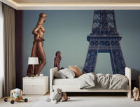 Bronze Sculptures and Eiffel Tower Detail Wall Mural